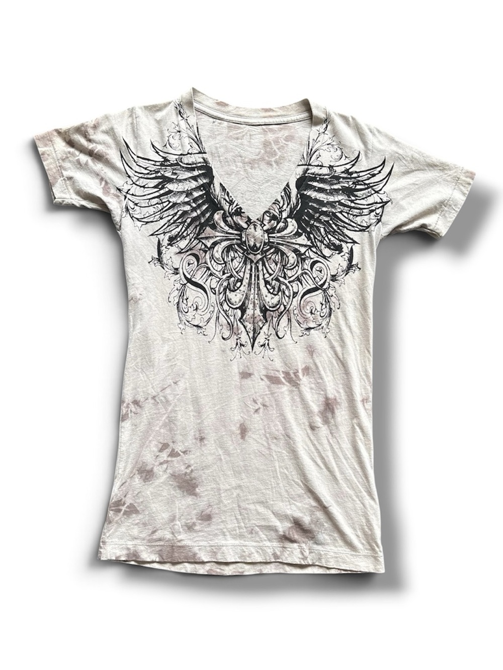 Sinful Women's Small Grey V-Neck Y2K Rhinestone Graphic Tee with Wing Design
